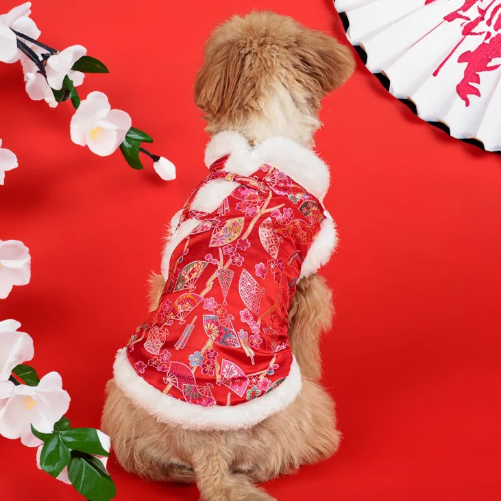 Haustierkleidung, traditioneller Tang-Anzug im chinesischen Stil, Neujahrs-Hundekleidung, Teddybär-Hunde-Outfit, Familientreffen, Cheongsam Image