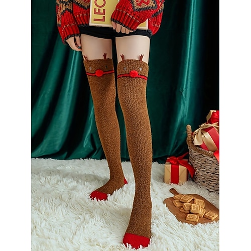 Weihnachts-Overknee-Socken für Damen, kuschelige, flauschige, warme, oberschenkelhohe Socken mit Weihnachtsmann-Motiv für die Winterlounge Weihnachtsgeschenke Image