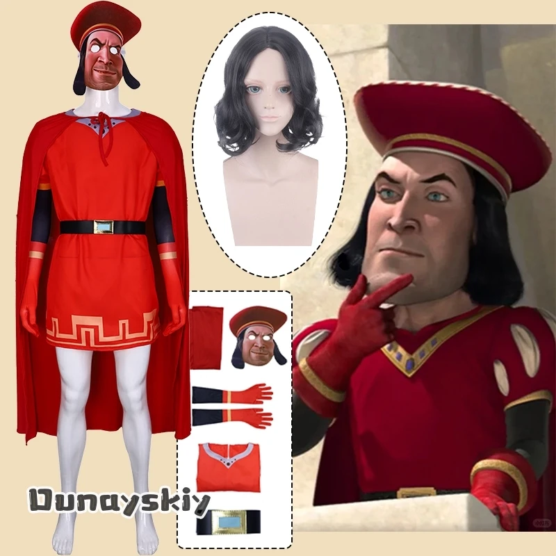 Lord Farquaad Cosplay Anime Kostüm Umhang Handschuh Hut Uniform Mittelalterliches Rollenspiel Halloween Party Rotes Outfit für Kinder Frauen Männer Image