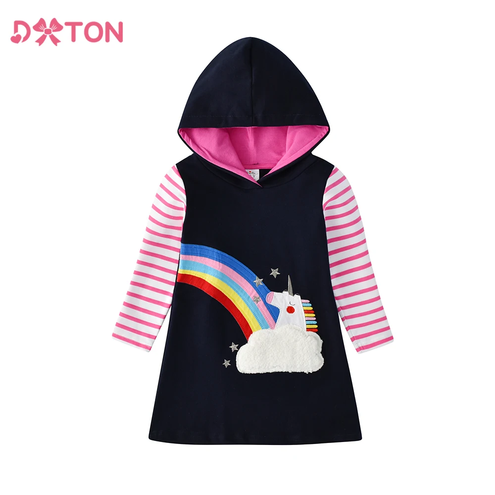 DXTON Herbst Baby Mädchen Mit Kapuze Gestreiften Kleid Regenbogen Applizierte Kind Gerade Kleid Cartoon Täglichen Kinder Mit Kapuze Baumwolle Kleidung Image