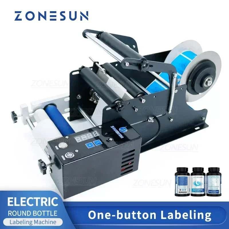 ZONESUN ZS-TB50SM Elektrische halbautomatische Etikettiermaschine für runde Flaschen, Etikettenapplikator für kosmetische Flaschen Image