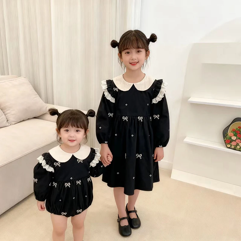 Neue Herbst Frühling Baby Mädchen Kleidung Schwester Kleidung Schmetterling Kragen Baby Mädchen Prinzessin Kleid Einteilige Kleidung Stickerei Kleid Image