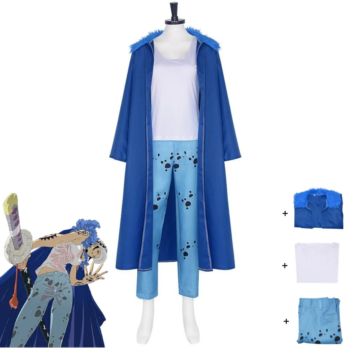 Anime Trafalgar D. Water Law Cosplay Kostüm Blau Plüsch Kragen Mantel Mantel Blaue Hosen Uniform Erwachsene Mann Frau Halloween Party Set Image