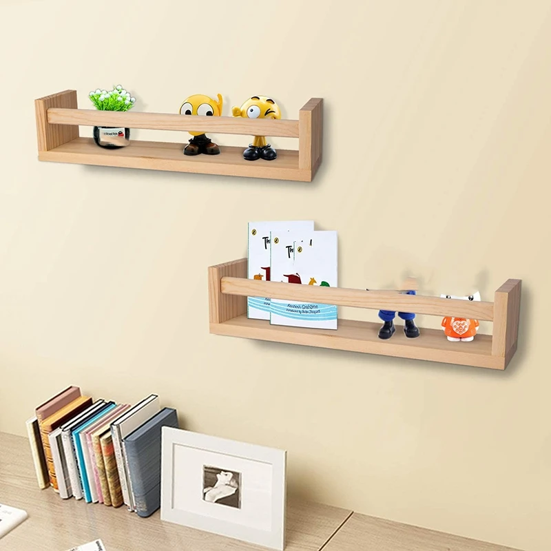A99T2Pcs Bücherregal, schwebendes Wand-Bücherregal aus Naturholz für Kinder, Kinderzimmer-Regale für die Wand, Badezimmer-Dekoration, Küchen-Gewürzregal