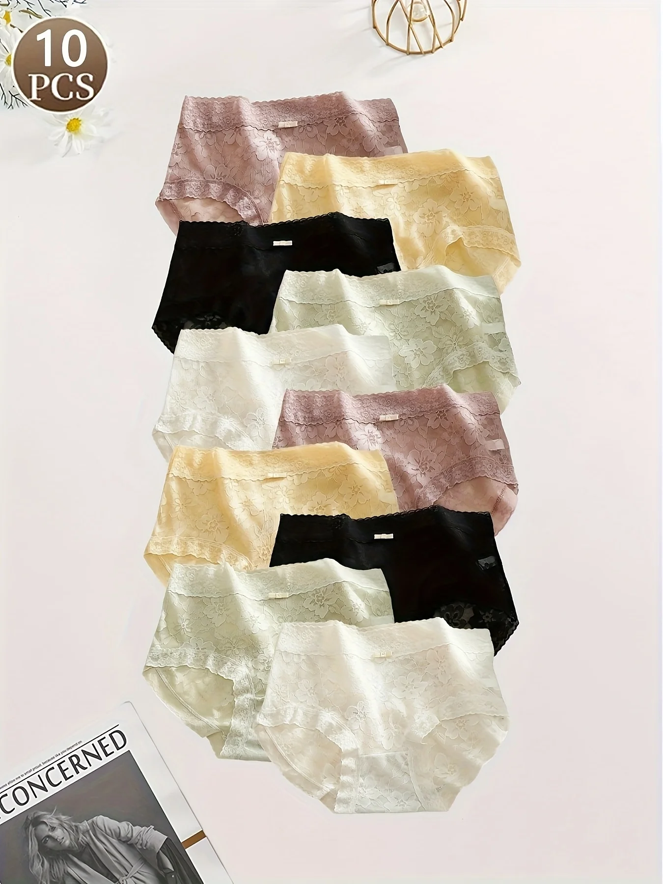 10 Stück Spitzen-Schleifenunterwäsche für Damen, Mesh-Jacquard, dünn, bequem und atmungsaktiv, Studenten-Slips für junge Mädchen Image