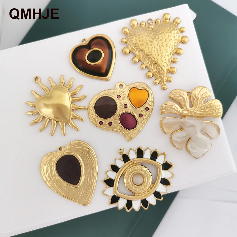Große Halskette mit Anhänger, Charm-Herz, Blatt, böser Blick, braun, Vintage, großes Statement, Edelstahl, weißes Harz, 18 Karat vergoldet, PVD-Beschichtung