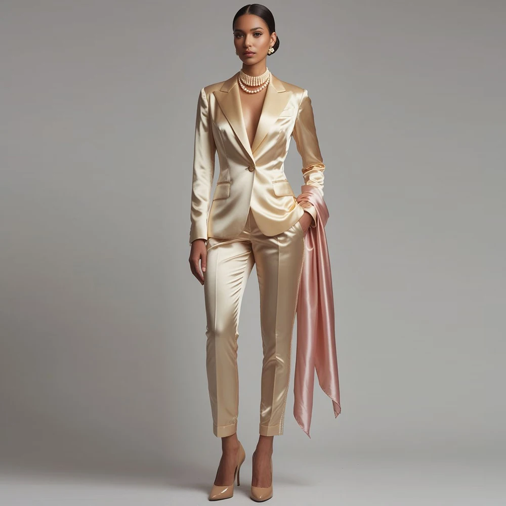 Elegante abito da donna in due pezzi champagne Set con risvolto a punta con un bottone (giacca + pantaloni) Set abito personalizzato da ufficio abbigliamento femminile da lavoro