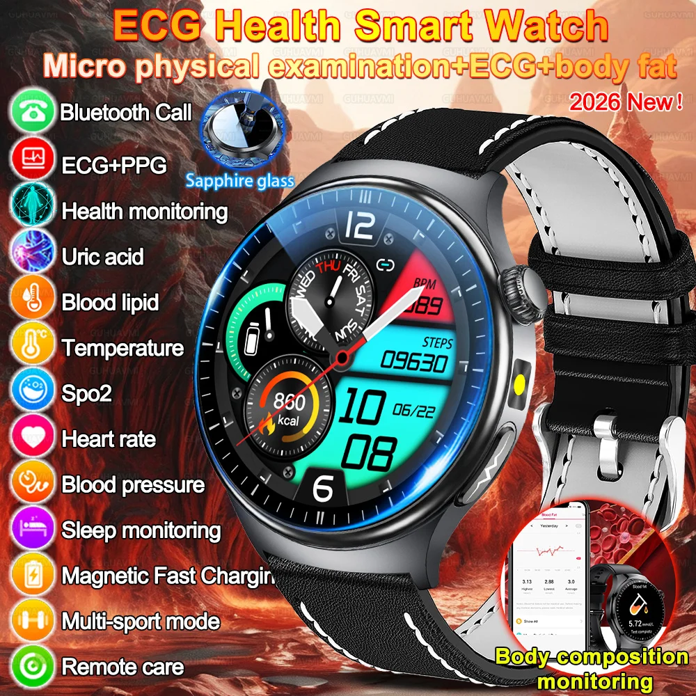 2026 neue Smartwatch für Männer und Frauen, mikrophysische Untersuchung, EKG + PPG, Blutsauerstoff, Harnsäure, Blutdruck, Saphir-Smartwatch für Männer Image
