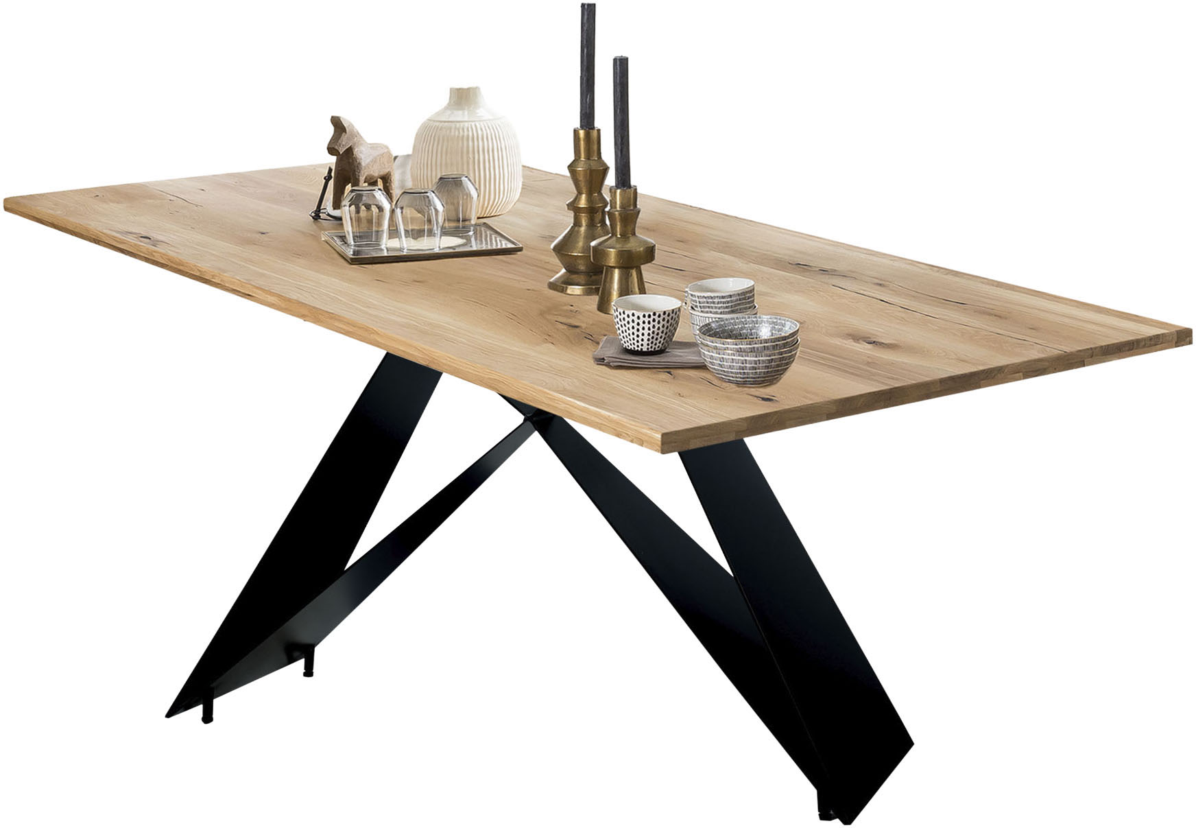 Esstisch SIT, natur, schwarz, schwarz, natur, B:240cm H:75,4cm T:100cm, Wildeiche geölt, Metall (Eisen), Tische, Esstisch, Wildeiche massiv geölt