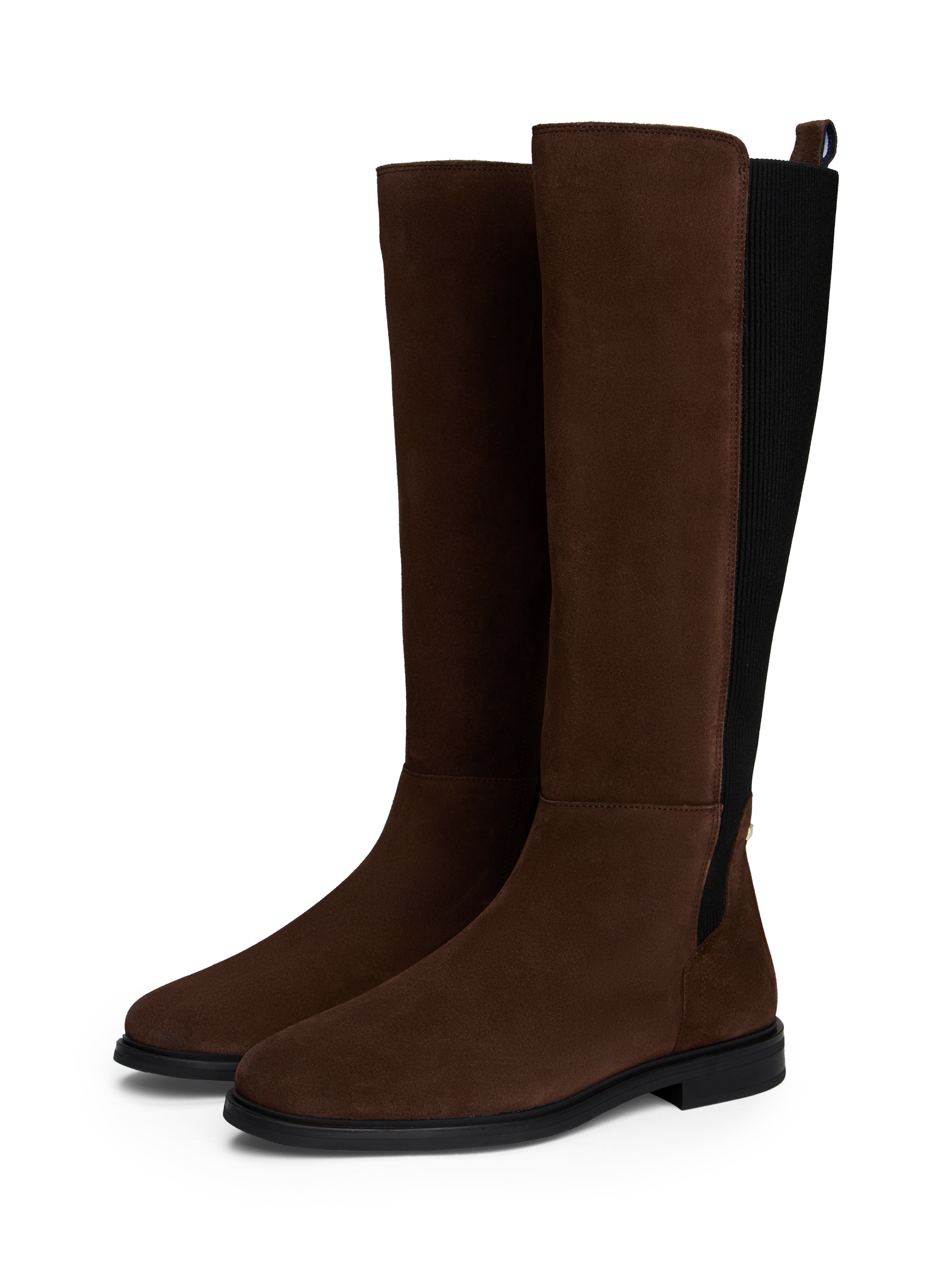 Stiefel TOMMY HILFIGER "FLAG SUEDE LONG BOOT", Damen, Gr. 36, Normalschaft, dunkelbraun, Veloursleder, Schuhe Stiefel, Langschaftstiefel, Reißverschlussstiefel mit Logoflaggen-Detail