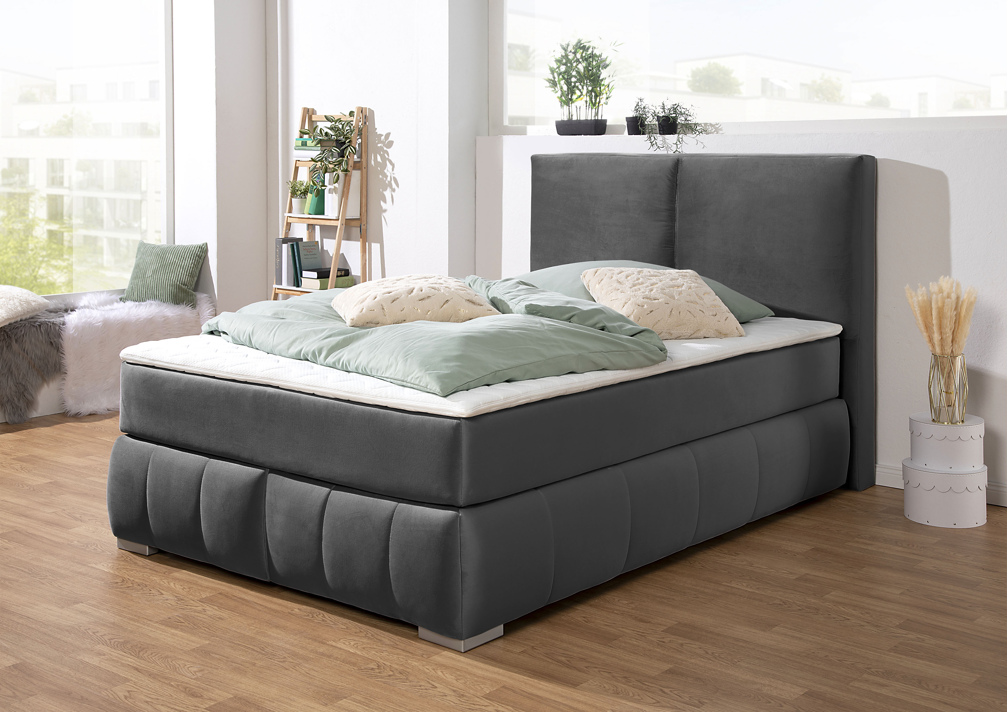 Boxspringbett HOME AFFAIRE "Wehma", grau (schiefer), B:150cm L:233cm, Struktur fein (100% Polyester), Komplettbetten, Boxspringbett, inkl. Topper in 3 verschiedenen Matratzen, auch in Samtstoff Image