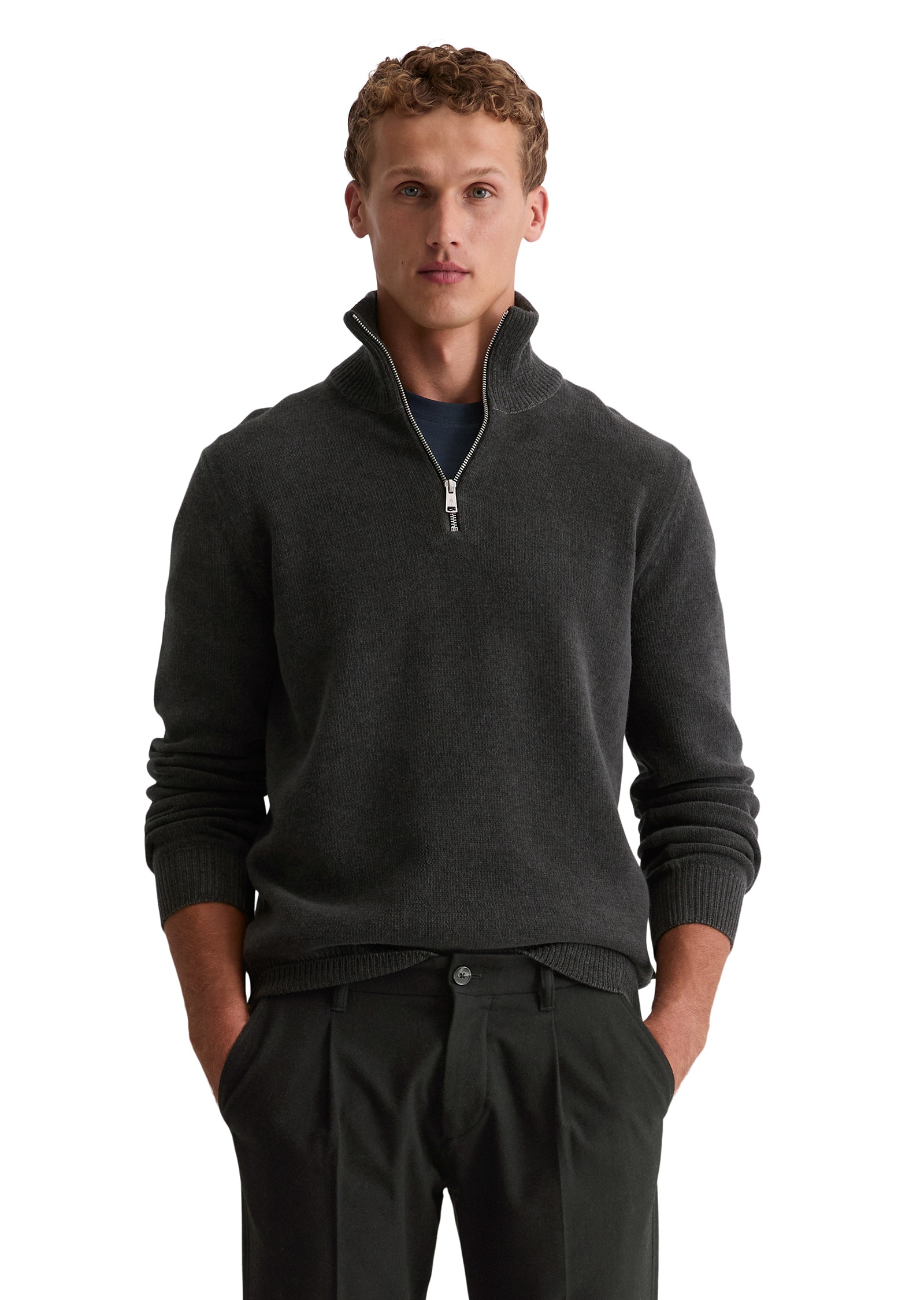 Troyer MARC O'POLO "aus feiner Chenille", Herren, Gr. XL, broken graphite, Obermaterial: 74% Baumwolle, 21% Schurwolle, 5% Polyamid, unifarben, Pullover Troyer