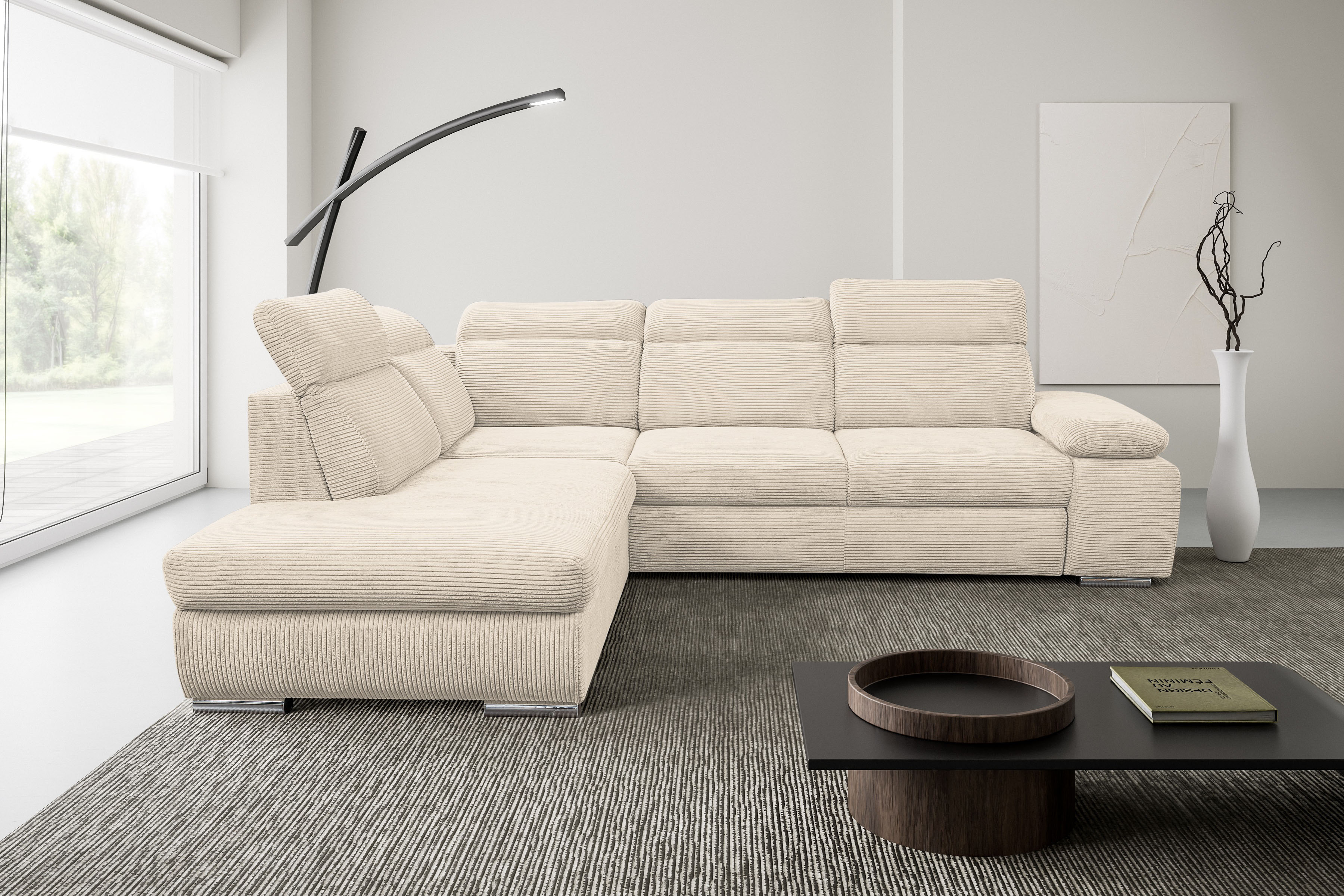Ecksofa WERK2 "Alicante Cord, inkl. Bettfunktion & Bettkasten, Breite 280cm, L-Form", natur, B:280cm H:86cm T:230cm, 90% Polyester, 10% Nylon, Sofas, Ecksofa, Schlafsofa mit Bettkasten & verstellbaren Kopfstützen.