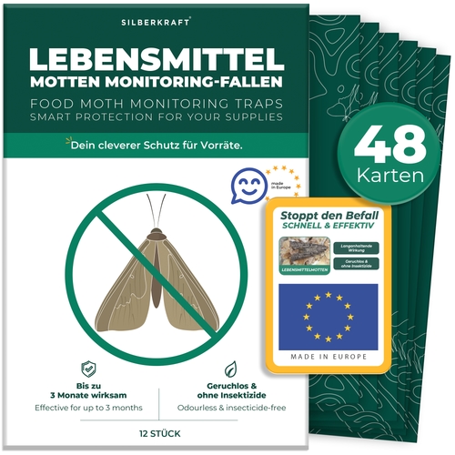 Lebensmittelmottenfallen, Pheromon-Leimfallen zur Befallsüberwachung von Lebensmittelmotten in Küche & Vorratsräumen inkl. E-Book: 48 Fallen Image