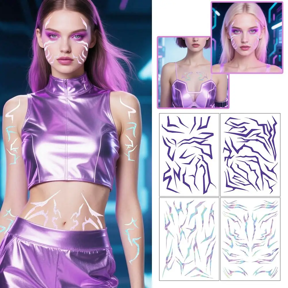 4-teiliges KPop Temporäre Tattoos Set Lila Bunte Muster Geburtstagsparty Halloween Kostümparty Cosplay Körper-Tattoos Image
