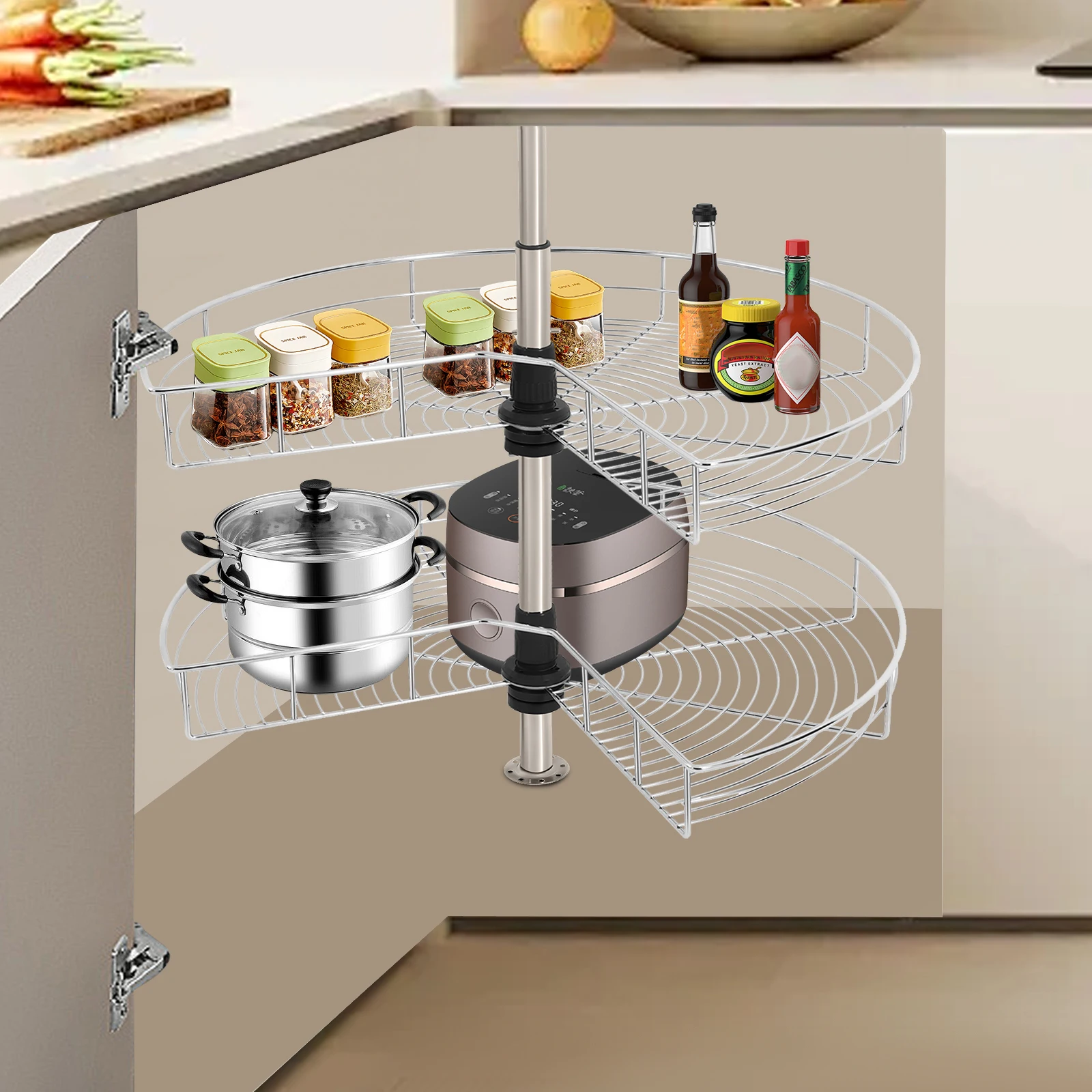 Höhenverstellbar 270 ° Drehbarer Eckschrank-Organizer, 17,64 Pfund pro Etage, zweistufiger Aufbewahrungs-Küchenschrank-Organizer