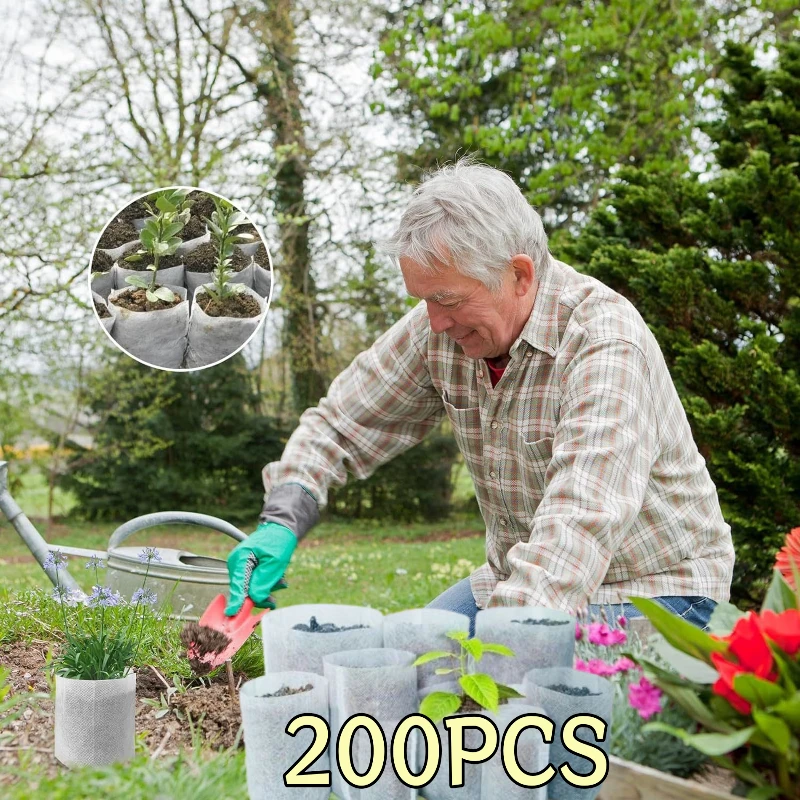 200 Stück Pflanzen-Kinderzimmerbeutel, 7/8/9 x 10 cm, Vlies-Pflanzensamen-Wachstumsbeutel, Sämlingsbeutel aus Gemüsestoff, Töpfe, Hausgartenbedarf Image
