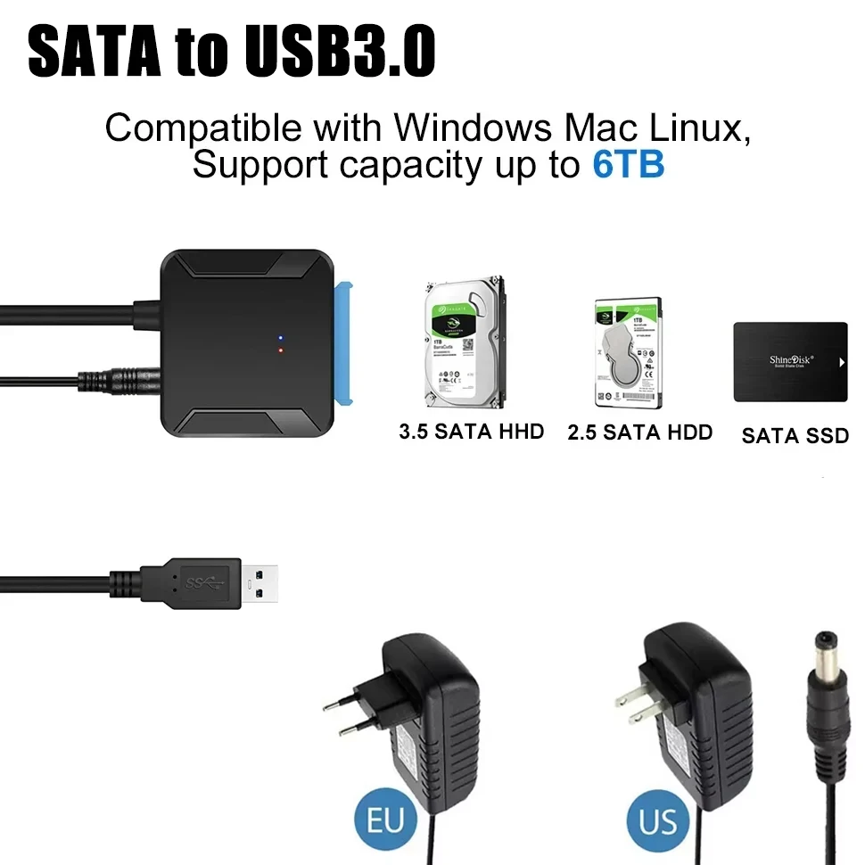 Cavo HDD da USB 3.0 a SATA 3.5 Convertitore adattatore per disco rigido SATA III per disco rigido HDD SSD da 2,5" con adattatore di alimentazione 12V/2A