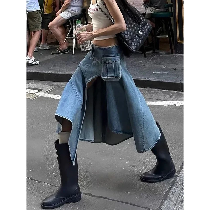 Frauen Vintage Blau Gothic Niedrige Taille A-linie Rock Sommer Y2k Asymmetrische Denim Rock Harajuku Mid Lange Röcke Emo 2000er Jahre Kleidung