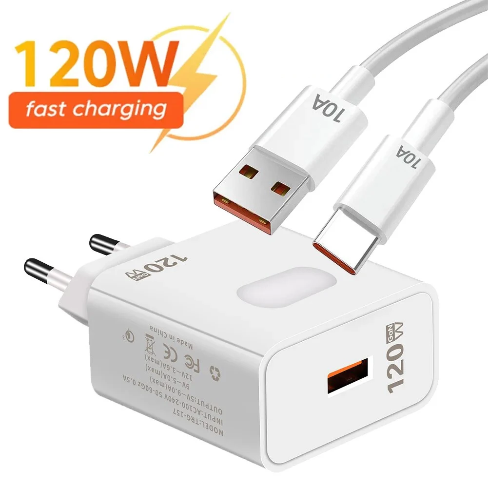 GaN 120W USB Charger QC 3.0 Mobile Phone Charger Adapter For iPhone Samsung Xiaomi Huawei 10A Type C Cable USB Fast Wall Charger