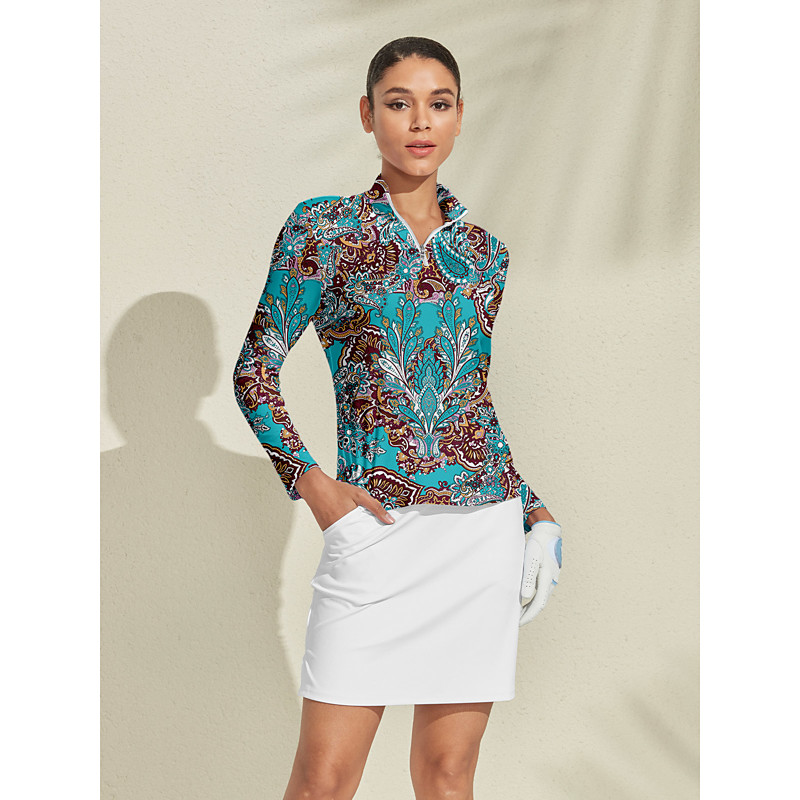 Women's Golf Polo Shirt Peacock Blue Long Sleeve Top Ladies Golf Attire Clothes Outfits Wear Apparel