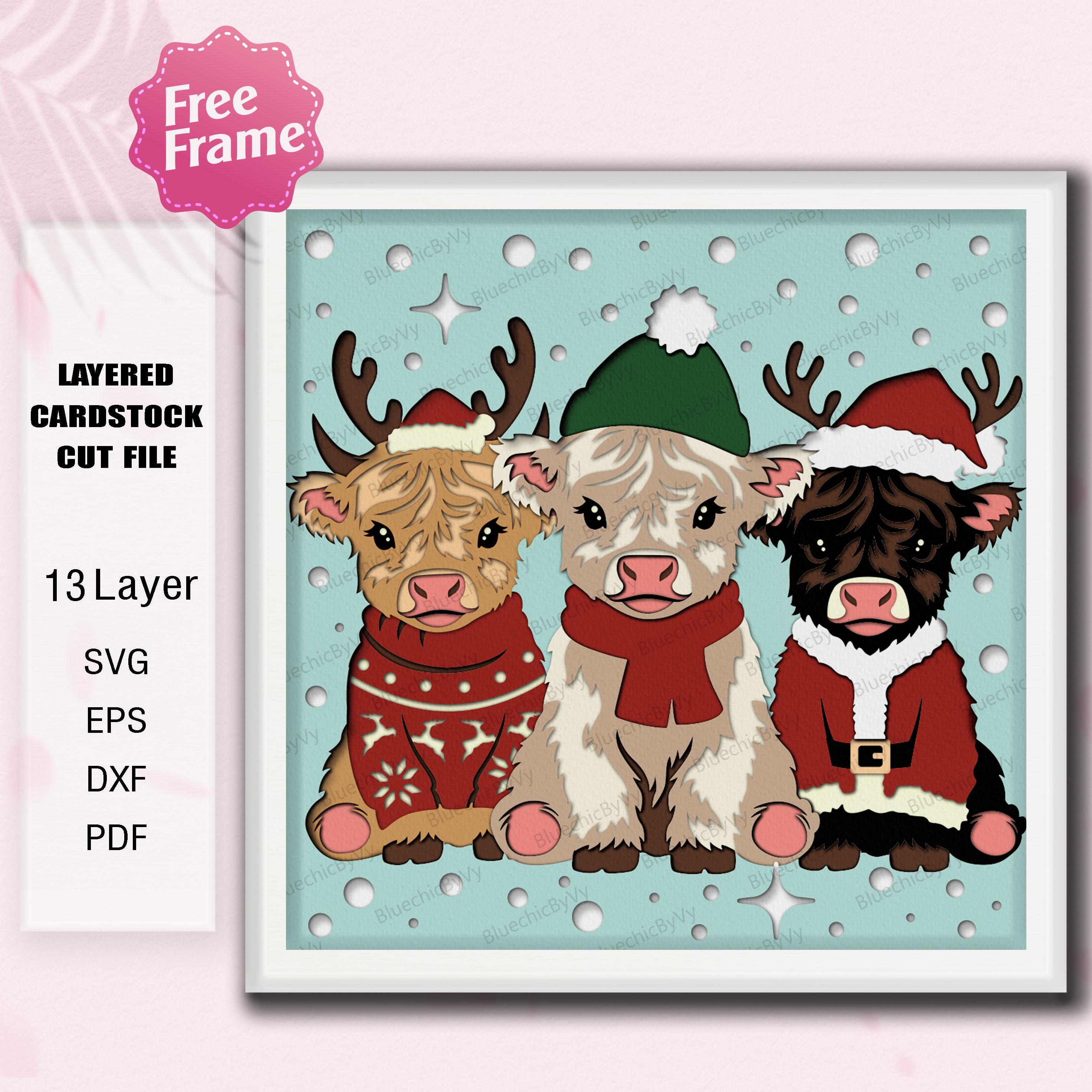 Scatola luminosa a strati con trio di Natale a forma di mucca delle Highlands, modello per scatola luminosa natalizia con mucca, decorazione in carta