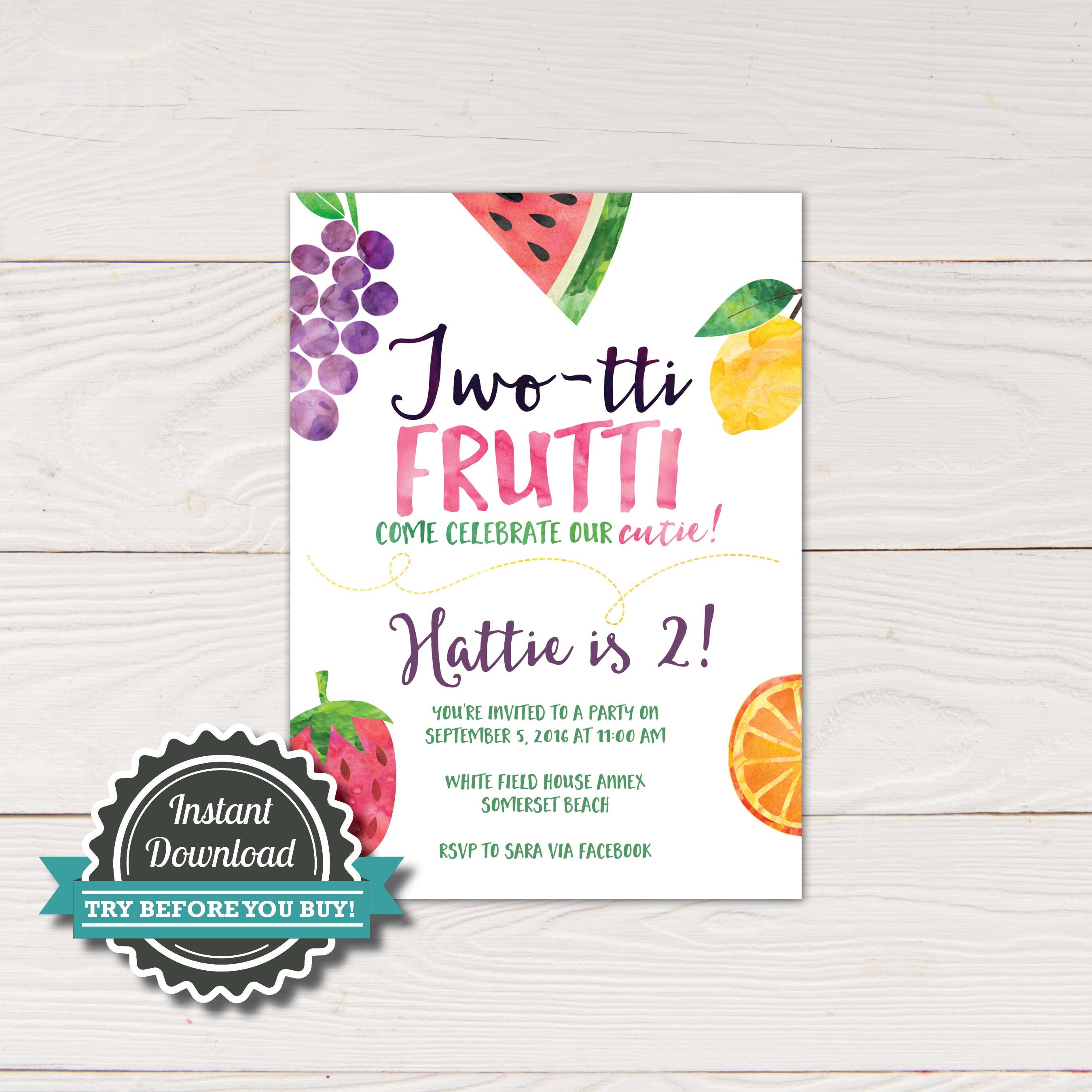 Invito per festa di compleanno a tema frutta, invito per festa di secondo compleanno a tema Twotti Frutti, invito a tema frutta, download istantaneo f