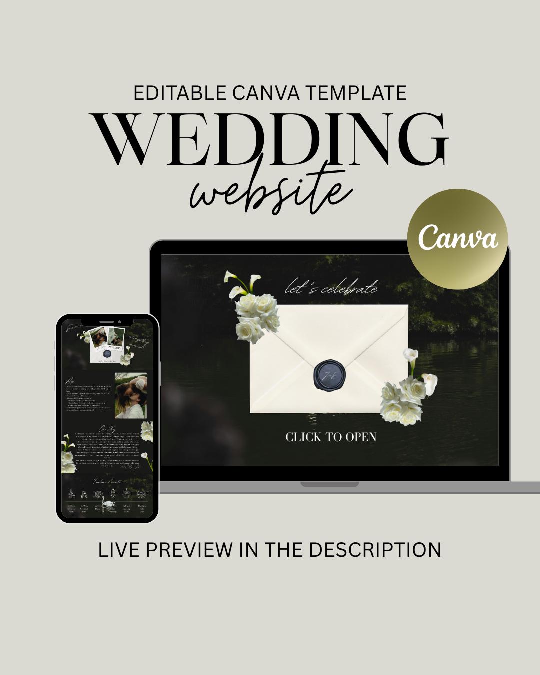 Sito web per matrimoni in bianco e nero, sito web con calle, modello per matrimoni, Save the Date, sito web Canva, sito web per matrimoni moody