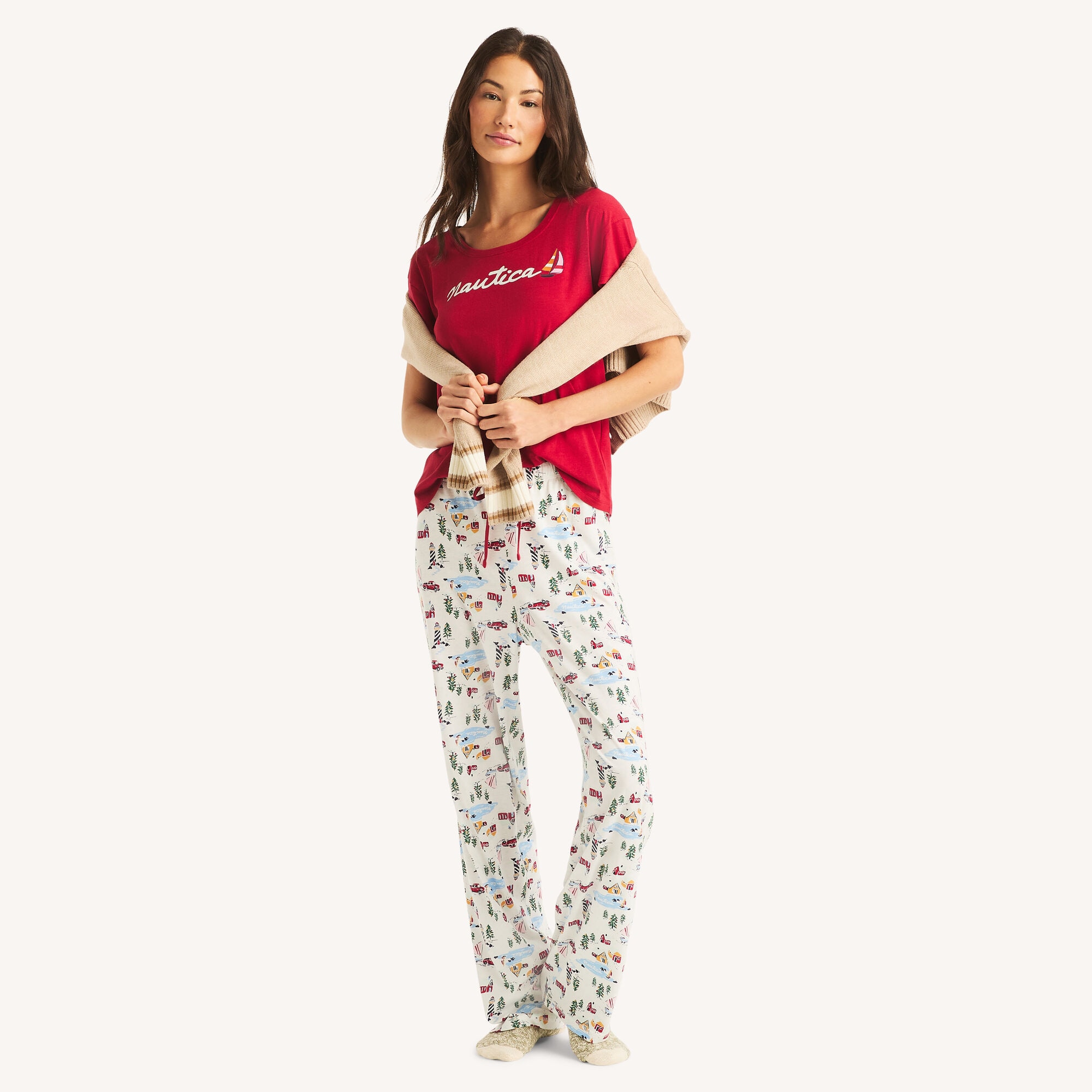 Nautica Women's Printed Pajama Pant Set 101 (Bright White), L