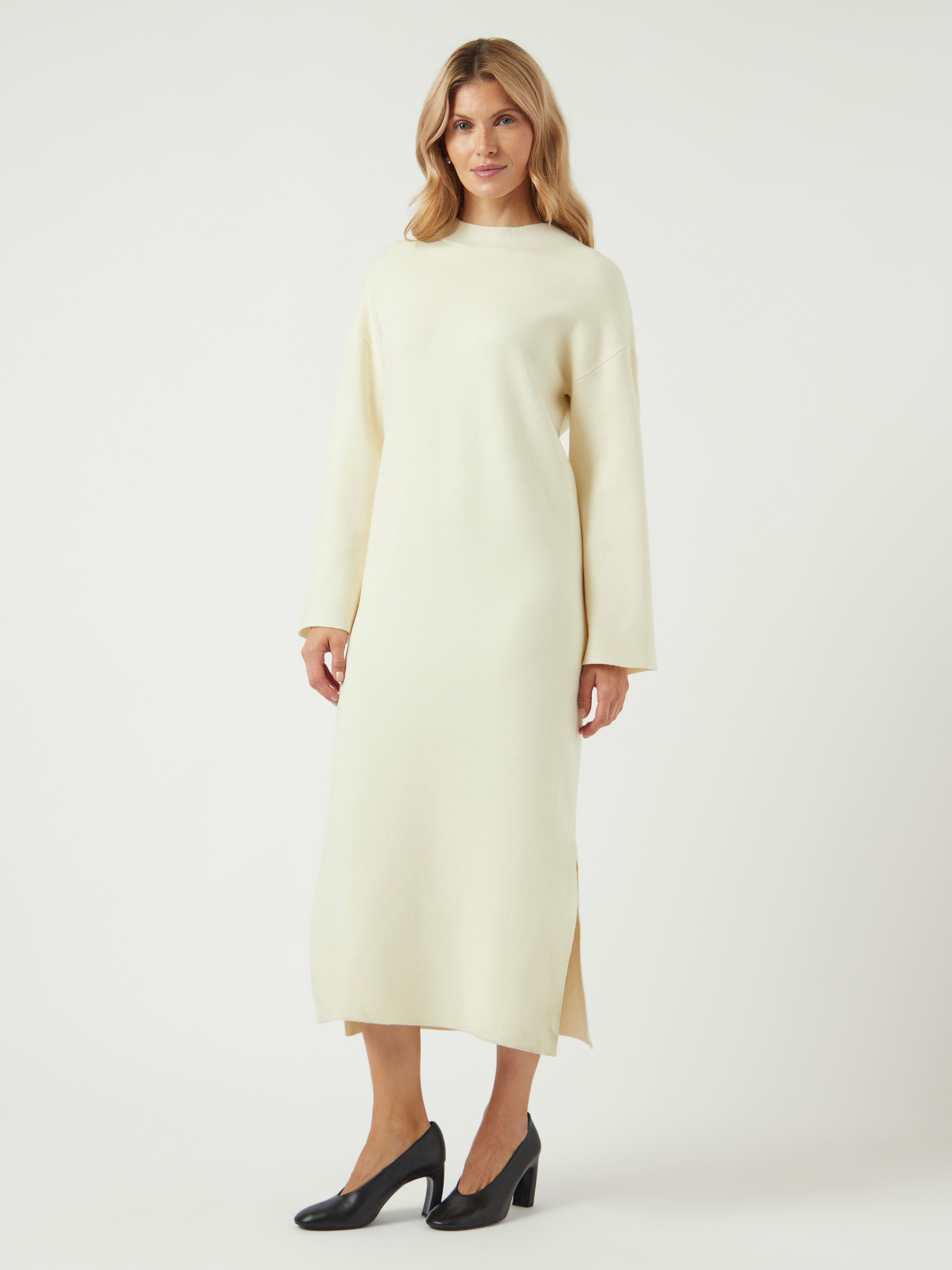Strickkleid Y.A.S "YASELMA LS LONG KNIT DRESS S. NOOS", Damen, Gr. XL, N-Gr, beige (birch), Feinstrick, Obermaterial: 52% Viskose, 26% Polyester, 22% Nylon, unifarben, regular fit ca. Mitte Wade, Kleider Strickkleid