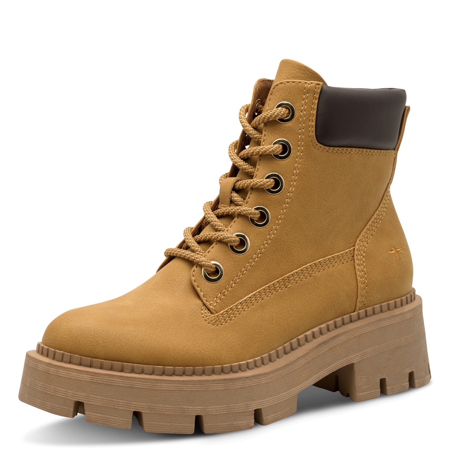 Schnürboots TAMARIS, Damen, Gr. 42, camelfarben, Lederimitat, unifarben mit Farbeinsatz, Schuhe Schnürboots, Blockabsatz, Schnürstiefelette mit glänzenden Strasssteinen besetzt