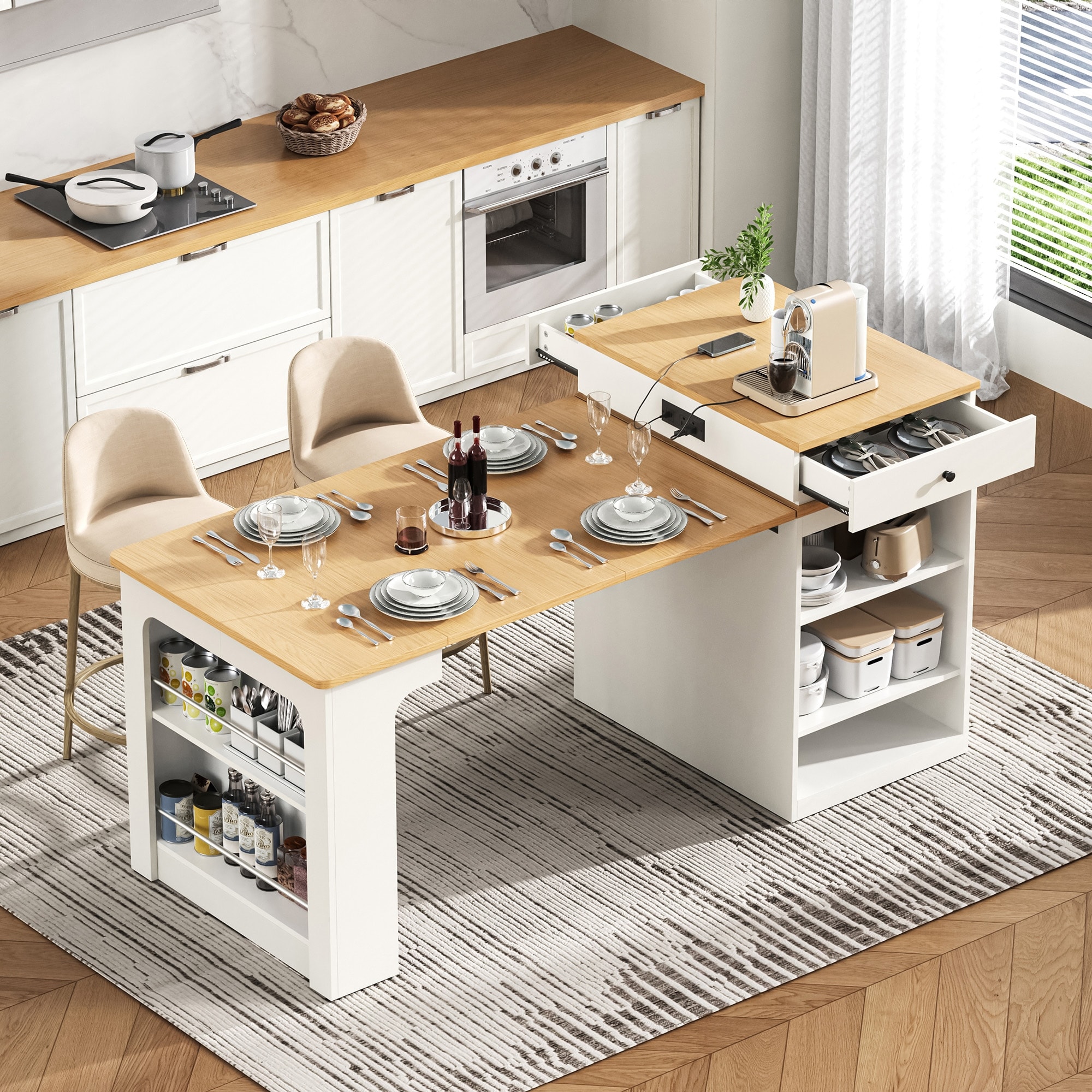 Kitchen Islands with Extendable Dining Table, Island Table, Kitchen Table with Double-Side Storage, Power Outlet & Spice Rack