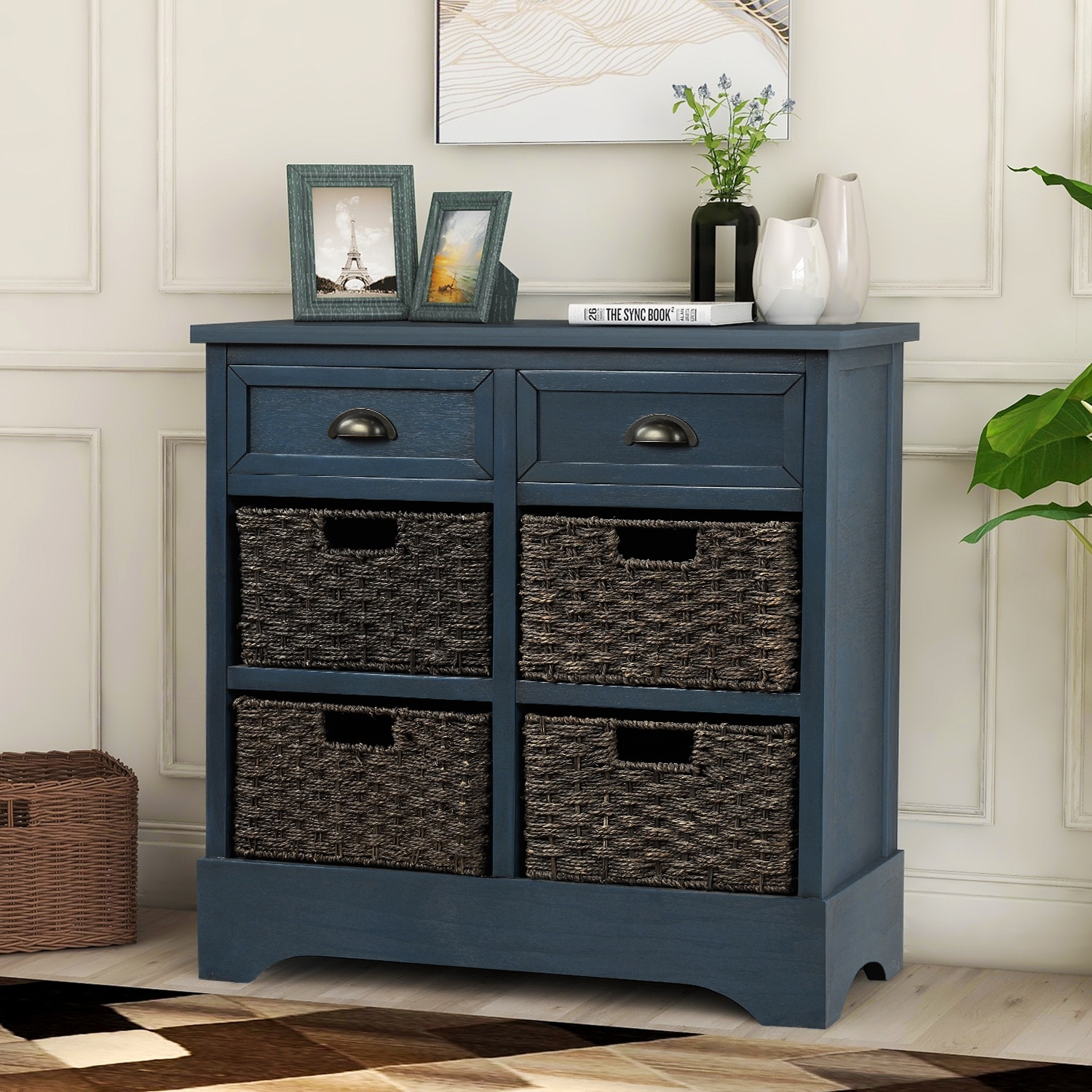 Rustic Storage Cabinet with Two Drawers and Four Classic Rattan Basket for Dining Room/Living Room