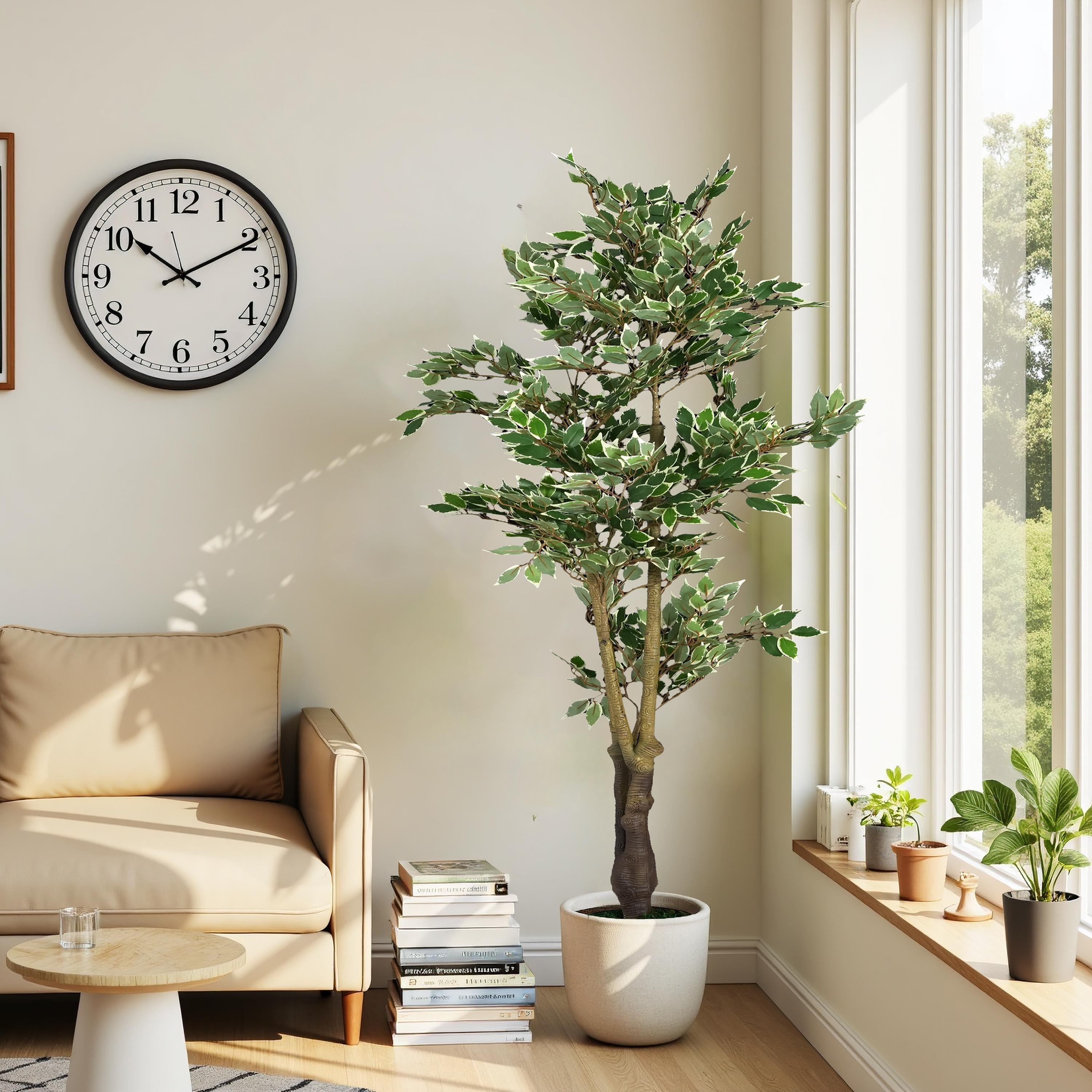 Roomfitters 69'' Artificial Ficus Tree, Tall Faux Indoor Plant with Black Plastic Pot for Home Decor, Green