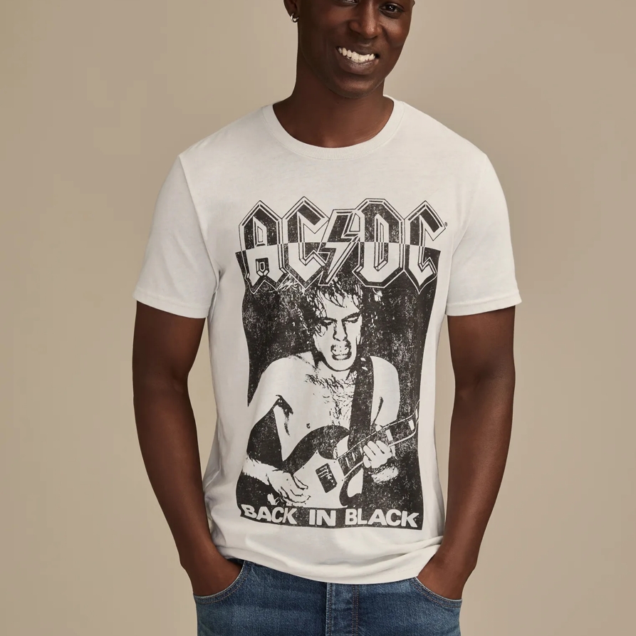 Lucky Brand Acdc Back In Black Tee - Men's Clothing Tops Shirts Tee Graphic T Shirts in Silver Birch, Size S
