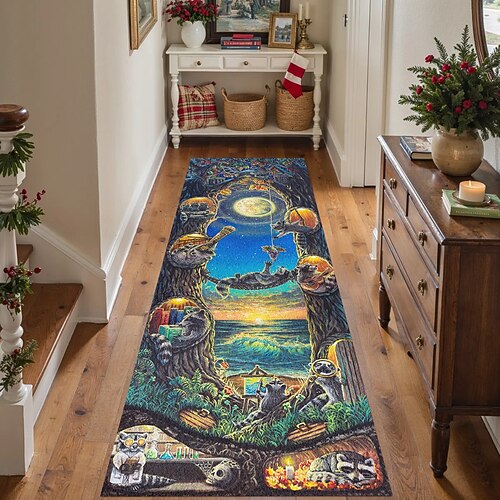 Mondlichtwald Läuferteppich für Flur Küche weicher rutschfester maschinenwaschbarer Faux Cashmere Tier-Nacht-Szenen Teppich Waschbär und Eulen-Design Eingangsbereichsläufer Waschbär Stadt von Dakota Image