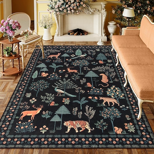 Boho-Wald-Teppich für das Wohnzimmer, luxuriöser Teppich im Perserstil, weicher Nachttischvorleger für das Schlafzimmer, strapazierfähige und schmutzabweisende Couchtischmatte Image