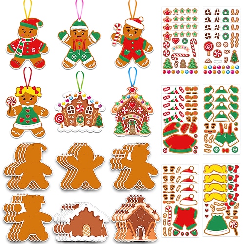 24-teiliges Weihnachtsaufkleber-Set mit Lebkuchen, Weihnachtsmann und Elfen Rentier - lebendige DIY-Weihnachtsbaumdekorationen, Karte Geschenkdekor, wiederverwendbare, glänzende Einwegornamente für Image
