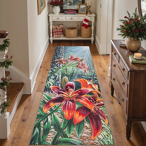 Lilienblumen Runner Teppich für Flur Küche Weich Rutschfest Maschinenwaschbar Faux Kaschmir Wald Natur Teppich Rot Orange BlüteDesign Eingangsbereich Runner Lilienfreude von Dakota Daetwiler Image
