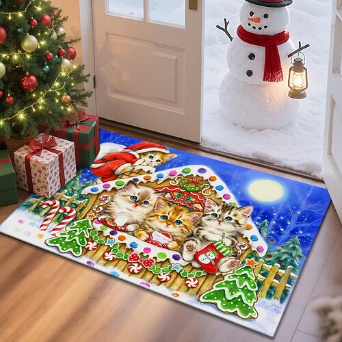 Weihnachts-Fußmatte für Eingangsbereich weicher rutschfester maschinenwaschbarer Faux Kaschmir Haustürmatte süße Katzen festliche Eingangsbereich Teppich LebkuchenSchlitten und LebkuchenHaus von Image