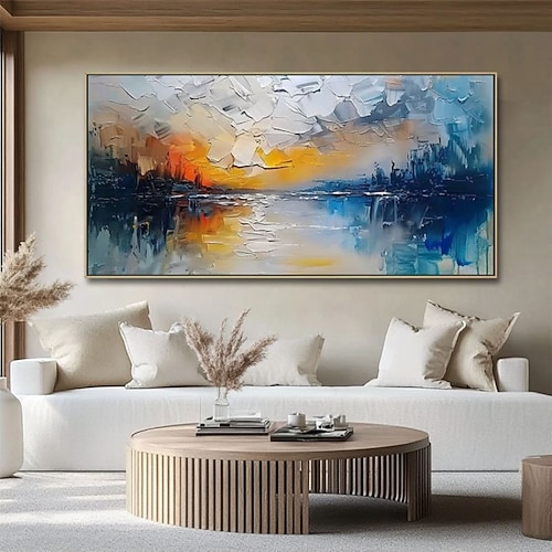 handgefertigtes Ölgemälde auf Leinwand, Wandkunst, Dekoration, moderne abstrakte Landschaft, Bergsee-Reflexionen, für Wohnzimmer, Heimdekoration, gespannter Rahmen, hängendes Gemälde/gerolltes Image