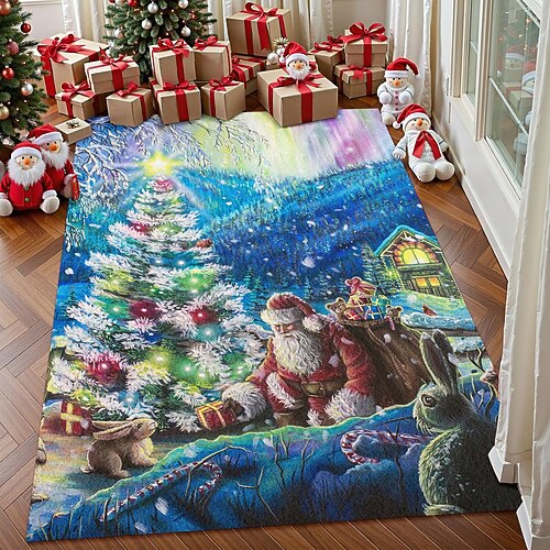 Weihnachtsbaum Teppich für Wohnzimmer und Schlafzimmer Faux Kaschmir Winterwald-Szene Teppich Feiertags Kunstteppich weicher rutschfester maschinenwaschbarer Teppich Weihnachtsszene von Dakota Image