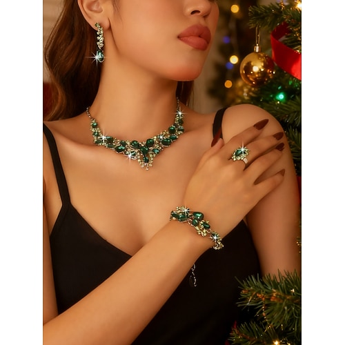 Damen grün Kristall Schmuck-Set 4-teilig, elegante Halskette, Ohrringe, Armband Ring für Weihnachtsfeiern, Weihnachtsgeschenke formelle Veranstaltungen Image