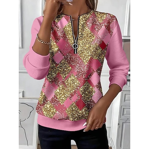 Damen Pullover Sweatshirt Sweatshirts mit Reißverschluss Reißverschluss Druck Grafik Geometrisch Abstrakt Mode Lässig Langarm Rundhalsausschnitt Normale Oberteile Straße Alltagskleidung Blau Gelb Image