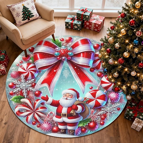 Weihnachtsmann Weihnachts runder Teppich für Wohnzimmer und Schlafzimmer Faux Cashmere Fröhliche Weihnachten Teppich mit Zuckerstange weicher rutschfester maschinenwaschbarer Teppich festliche Matte Image
