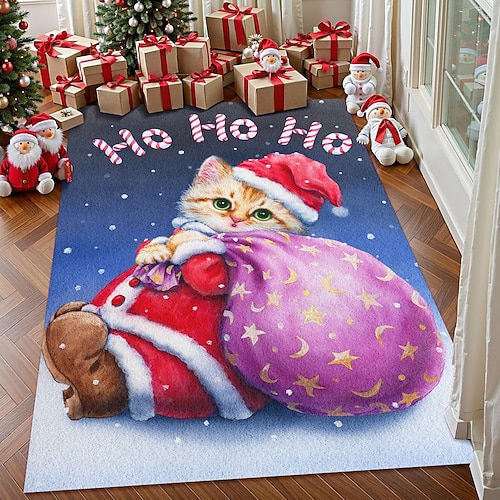 Weihnachtskatze mit Geschenktüte Bereichsteppich für Wohnzimmer und Schlafzimmer Faux Cashmere süßes Kätzchen im Weihnachtsmannhut Feiertags Teppich Ho Ho Ho festliche Kunst weicher rutschfester Image