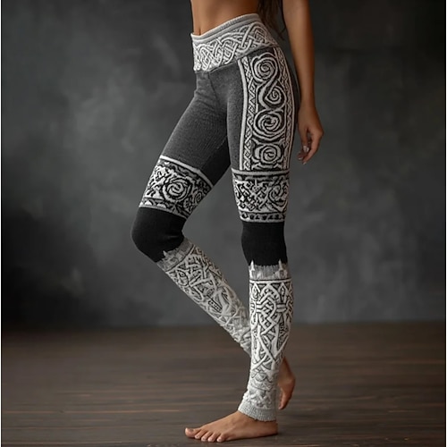 Damen Viking Boho Leggings Vintage Ethno-Stil Voll Länge Hohe Taille Grafik Tier Abstrakt 3D Druck Schnell trocknend Atmungsaktiv Weich Dehnbar Formal Outdoor Urlaub Schwarz Sommer Frühling Herbst Image