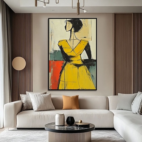Handgefertigtes Ölgemälde auf Leinwand, Wandkunst, Dekoration, abstrakte Linien, Figuren tragen gelbes Kleid für die Inneneinrichtung, gespannter Rahmen, hängendes Gemälde/gerolltes rahmenloses, Image
