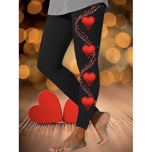 Damen Leggings Urlaub Vintage Mode Volle Länge Hohe Taille Herz Grafik Drucken Thermowarm Weich Atmungsaktiv Dehnbar Täglich Outdoor Urlaub Violett Rote Fuchsie Frühling Herbst Schmale Passform Image