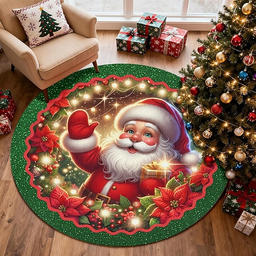 Weihnachtsmann Weihnachts runder Teppich für Wohnzimmer und Schlafzimmer Faux Cashmere Fröhliche Weihnachten rotes Teppichdesign weicher rutschfester maschinenwaschbarer Teppich festliche dekorative Image